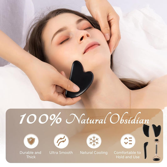 Natural Jade & Obsidian Gua Sha Set of 4 - Premium Face Sculpting Tools