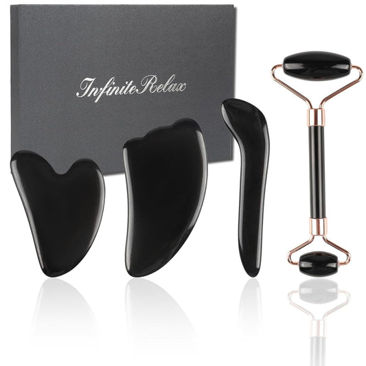 Natural Jade & Obsidian Gua Sha Set of 4 - Premium Face Sculpting Tools